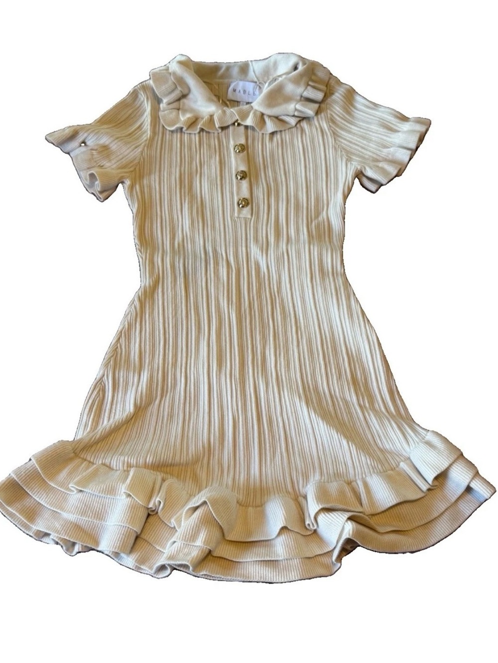 Mable Cream Ribbed Knit Dress Ruffle Peter Pan Collar Gold Buttons Large Classy